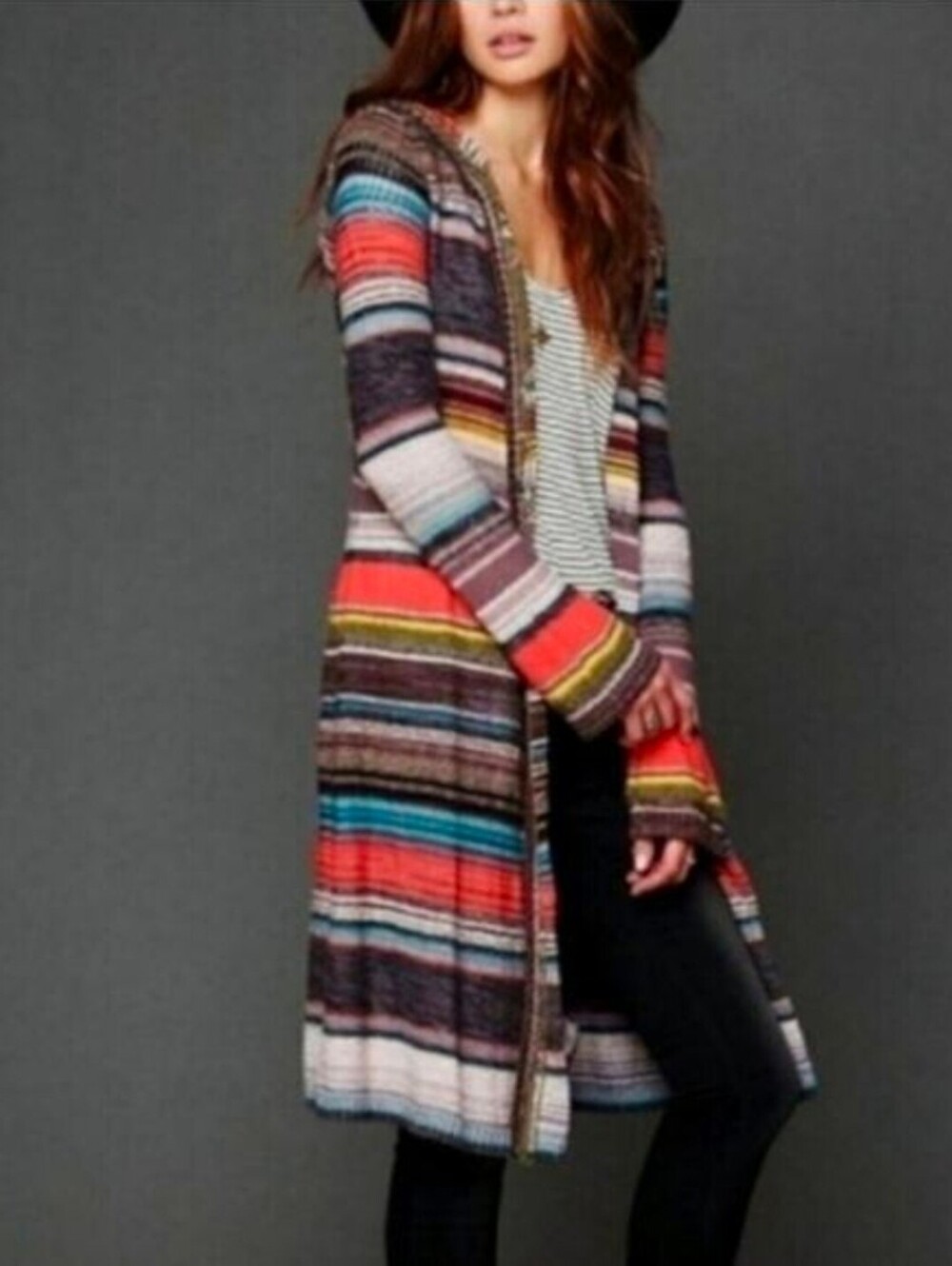Free People Striped Hooded Knit Cardigan XS